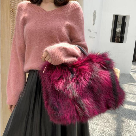 Silver Fox Fur Handbags Genuine Cowhide Hard Handle Big Handbag Full-pelt-BS00056-Veeddydropshipping