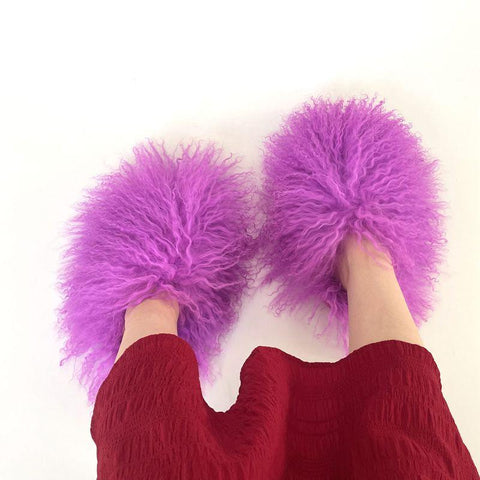 Mongolian Shoes  Luxury Real Sheep Fur Slides Slippers-BS01273-Veeddydropshipping