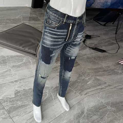 Jeans Retro Blue Zipper Designer Elastic Slim-MF00615-Veeddydropshipping