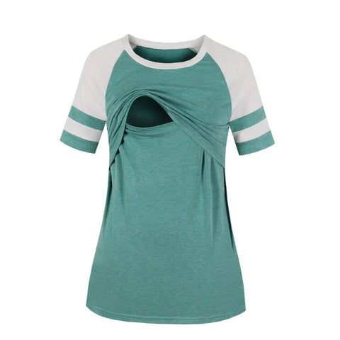 Maternity Breastfeeding Tee Nursing Tops Striped Colorblock Short Sleeve-TB00568-Veeddydropshipping