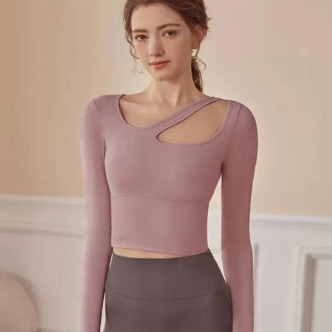 Sexy Women Yoga Shirts With Chest Pads Long Sleeve Crossover Crop Tops -OS00756-Veeddydropshipping