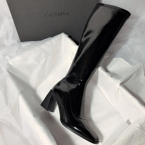 Quality Leather Patent Leather Ladies Zip Knight Boots-BS00934-Veeddydropshipping