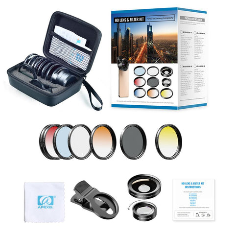 APEXEL 7 in 1 lens kit 0.45x wide+52mm UV Grad Blue Red Color-PA01224-Veeddydropshipping