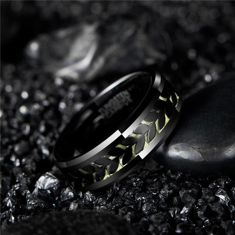 Ring  Tungsten Carbide Ring Black Leaves Green Carbon  -JW00405-Veeddydropshipping