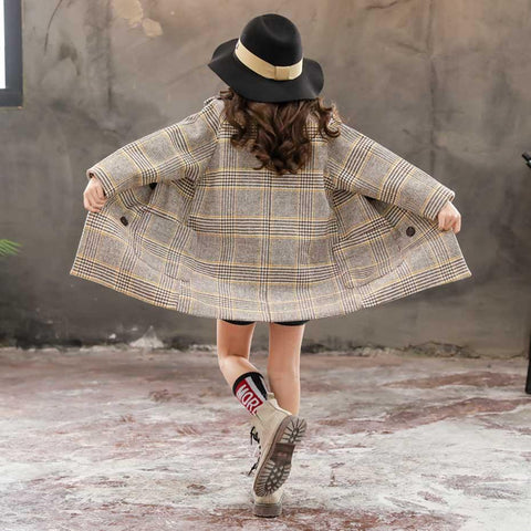 Winter Coat Girls Thick Woolen Jacket Plaid Kids Outerwear-Veeddydropshipping