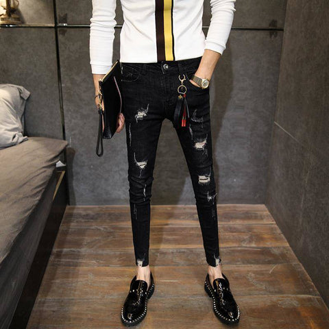 Luxury Denim Stretch Skinny Pants Ripped Slim Black-MF00657-Veeddydropshipping