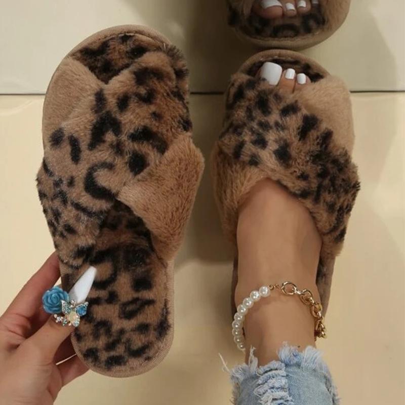 Leopard Print Faux Fur Fashion Warm Shoes Woman Slip on Flats-BS01129-Veeddydropshipping