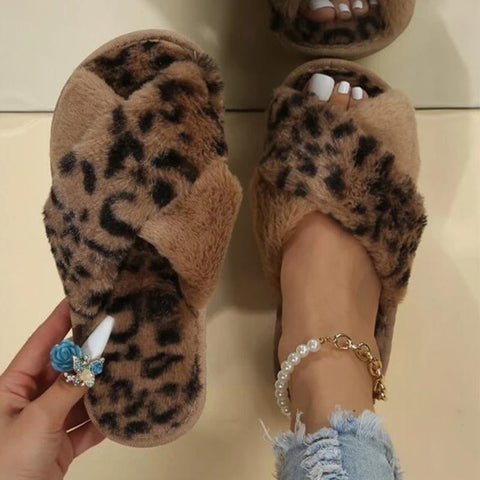 Leopard Print Faux Fur Fashion Warm Shoes Woman Slip on Flats-BS01129-Veeddydropshipping