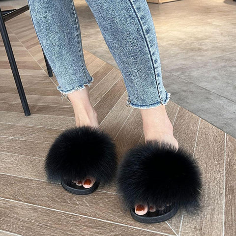 Summer Open Toe Fluffy Real Fur Color Sandals Casual-BS01204-Veeddydropshipping