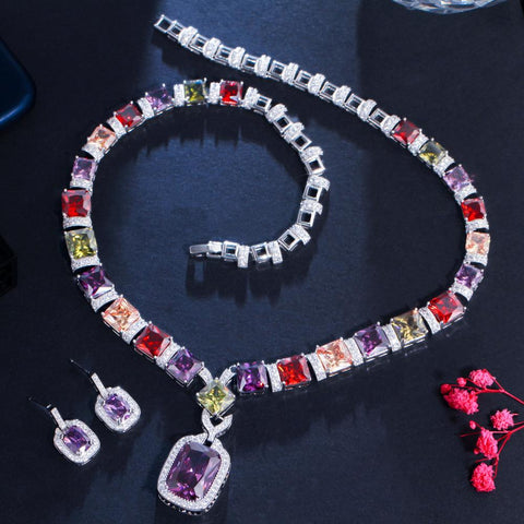 Trendy Colorful  Diamond Jewelry set White Gold Earrings Necklace -JW00188-Veeddydropshipping