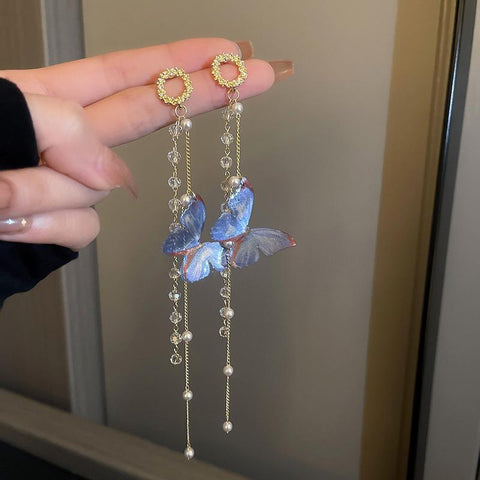 Korean Long Tassel Butterfly Drop Earrings Elegant Pearl -JW01456-Veeddydropshipping