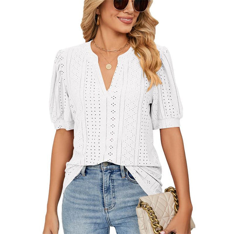 Hollow Out V Neck T-Shirt Women Puffy Sleeve-Veeddydropshipping