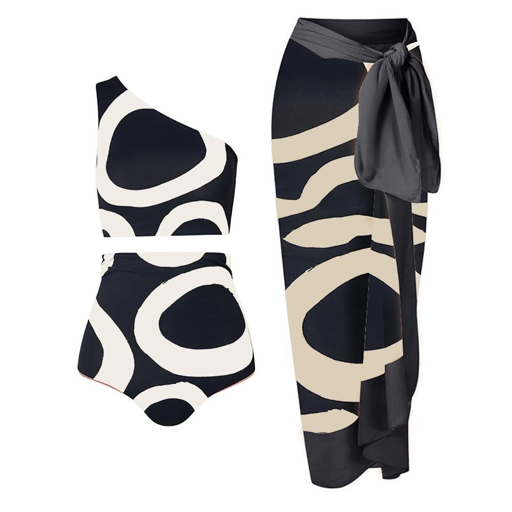Colorblock Round Print Swimsuit Suit Sexy One Shoulder High Waist Cut Two Piece -OS00016-Veeddydropshipping