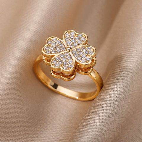 Zircon Rotatable Four Leaf Clover Rings For Women -JW00033-Veeddydropshipping