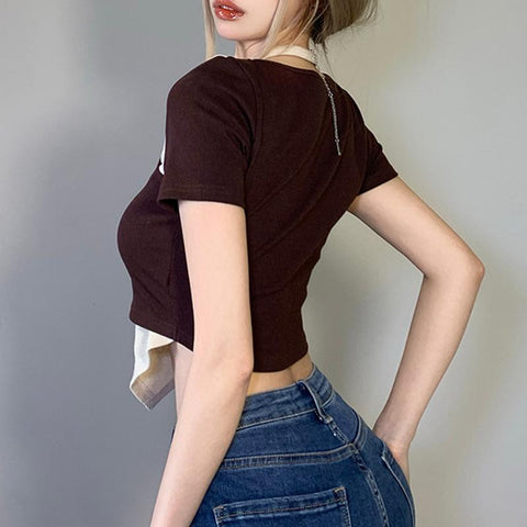 Women Contrast Color Irregular Halter Neck Slim Short T-Shirt-Veeddydropshipping