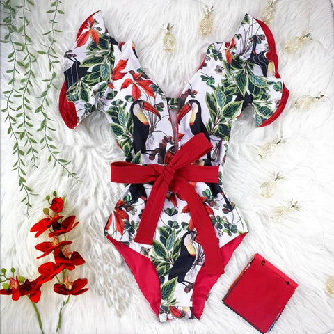 2022 New Sexy Ruffle Print Floral One Piece Swimsuit Off The Shoulder Swimwear-OS00046-Veeddydropshipping