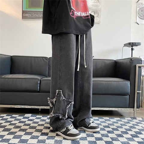 Jeans Men Retro Washed Patch Loose Wide Leg Pants-MF00612-Veeddydropshipping