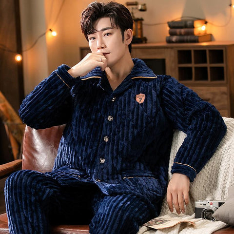 Warm Sleepwear Men&#39;s Flannel Winter Thick Pajamas Long Sleeve Casual-MF01605-Veeddydropshipping