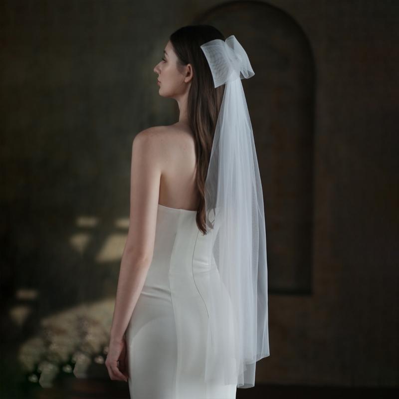 Wedding Bridal Big Bow Short Sheer Veils-WF01439-Veeddydropshipping