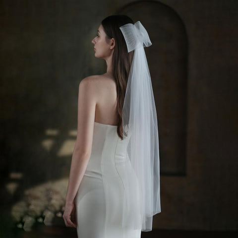 Wedding Bridal Big Bow Short Sheer Veils-WF01439-Veeddydropshipping