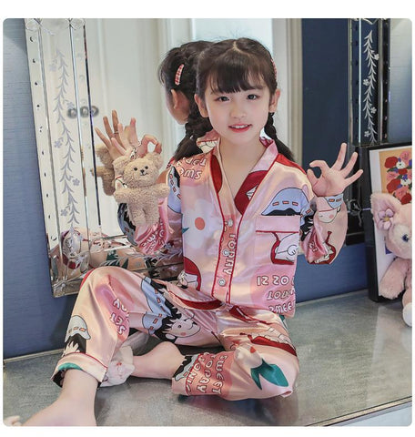 V -neck Kids Pyjamas Set Silk Satin Tops Pant Spring Autumn Childrens-TB01049-Veeddydropshipping