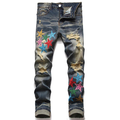 Jean Men Embroidery Patchwork Ripped Jeans Trend-MF00653-Veeddydropshipping