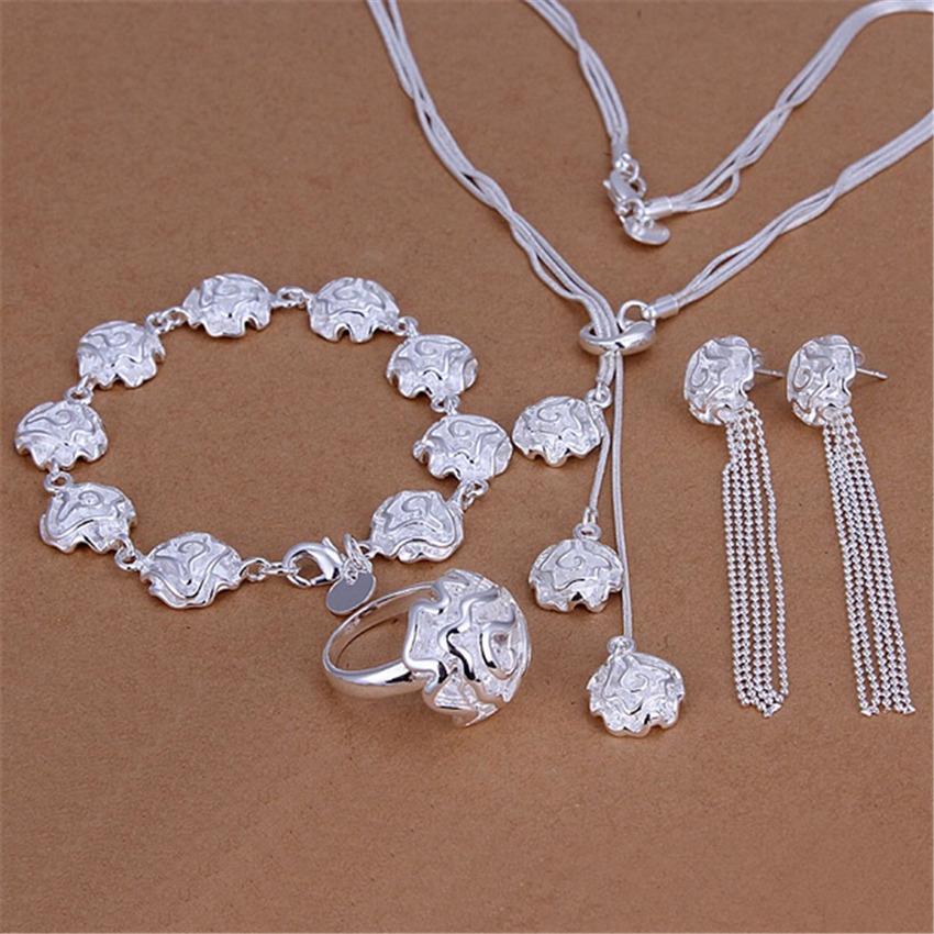 Rose flower 925 Sterling Silver rings Bracelets necklacesearrings Jewelry set  -JW00234-Veeddydropshipping