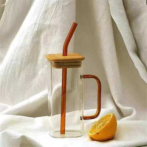 Square Glass Cup With Bamboo Lid and Straw-HA01286-Veeddydropshipping