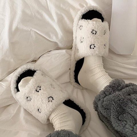 Winter Couple Warm One Word Slippers Plush Home Flat-BS01295-Veeddydropshipping