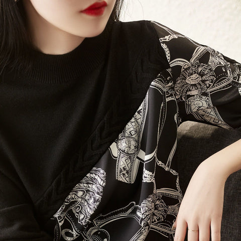 Neck Print Spliced Knitwear Pullovers Threaded Clothing-Veeddydropshipping