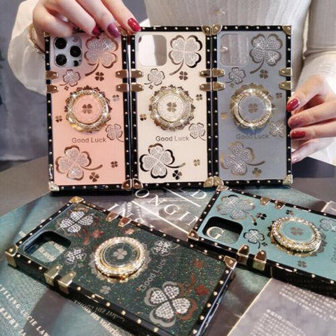 For iPhone 13 14 12 11 XS XR 7 8 Bling Glitter Lucky Flower Square Case + Ring-PA00171-Veeddydropshipping