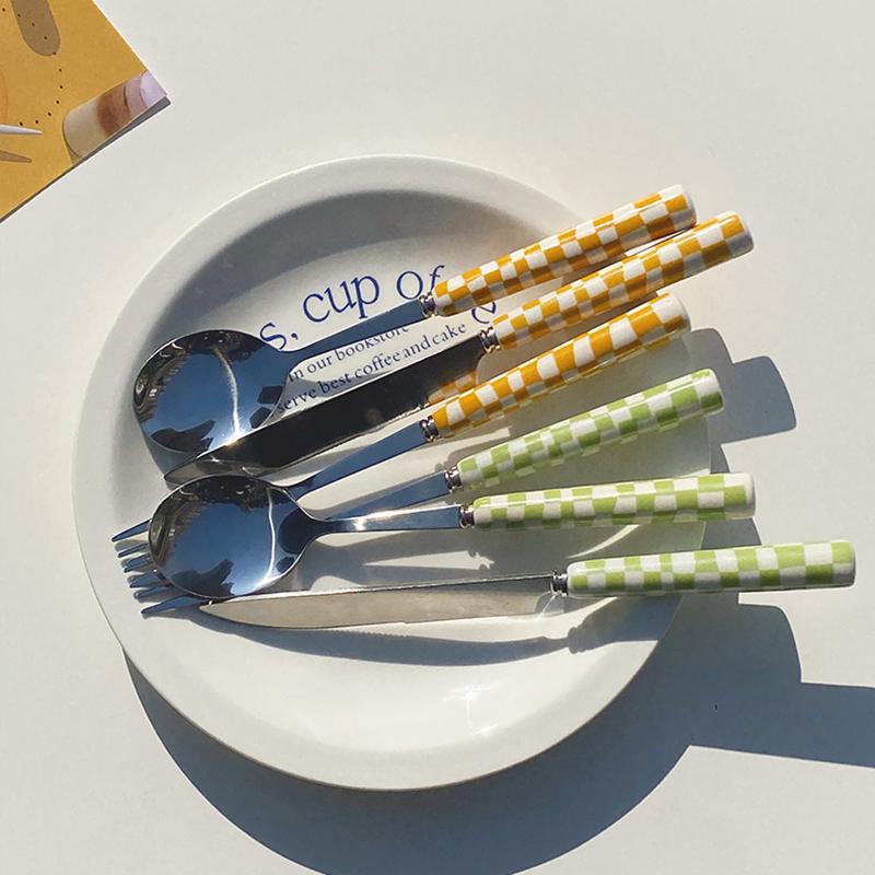 Stainless Steel Knife Fork Spoon with Checkerboard-HA01322-Veeddydropshipping