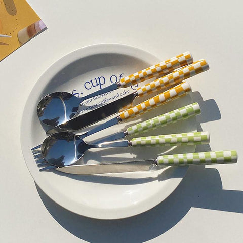 Stainless Steel Knife Fork Spoon with Checkerboard-HA01322-Veeddydropshipping