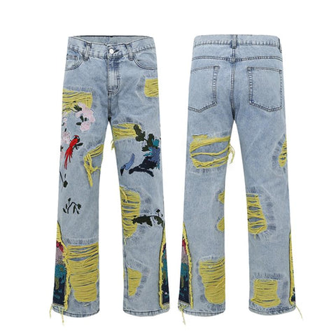 Mens Hole Embroidery Baggy Casual Denim Trousers Unisex-MF00585-Veeddydropshipping