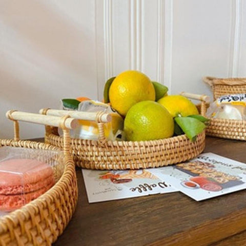 Round Rattan Storage Tray with Wooden Food Storage-HA00938-Veeddydropshipping