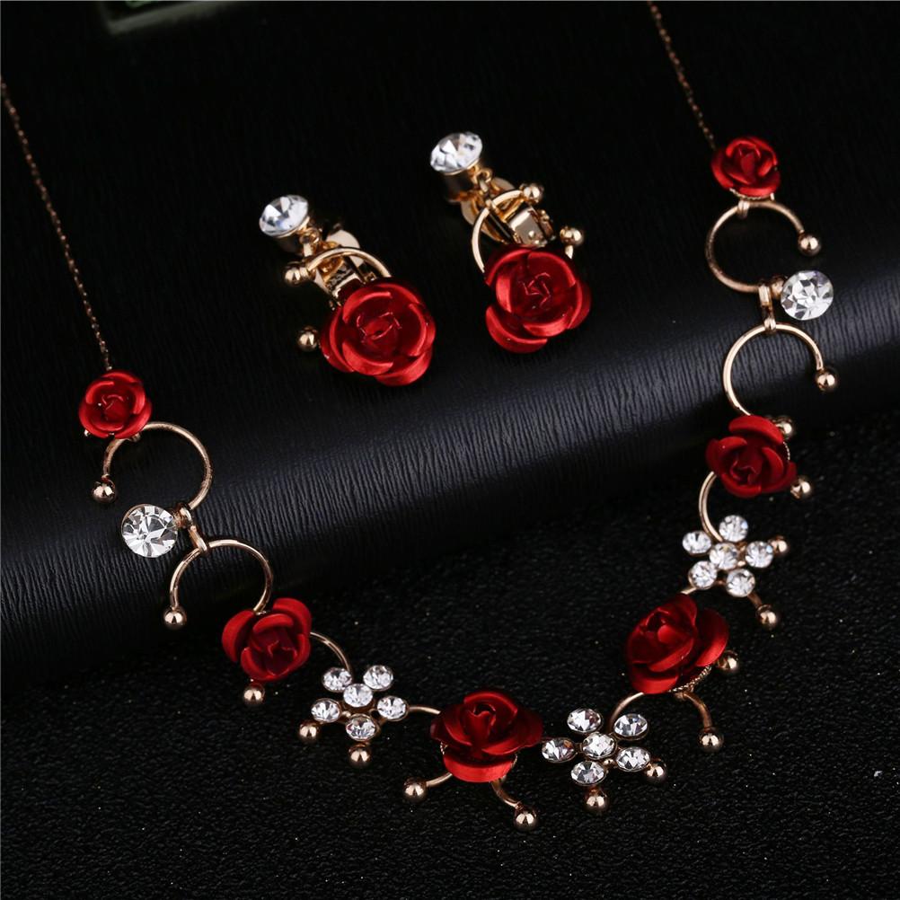 3pcs/set Elegant 1 Pair Necklace Red Flower Neckless Jewelry Set-JW01354-Veeddydropshipping