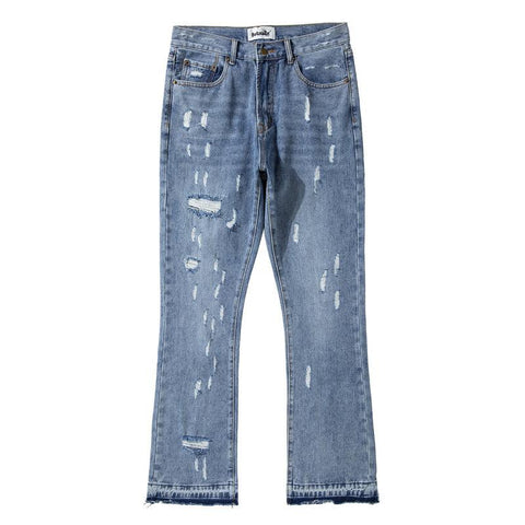 Block Patchwork Hole Ripped Men Flare Jeans Trousers Hip Hop-MF00565-Veeddydropshipping