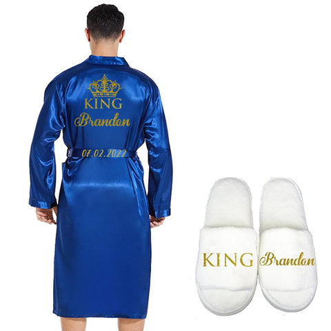 Silk Soft Home Bathrobe Nightgown For Men Kimono Customized Name Date-MF01588-Veeddydropshipping