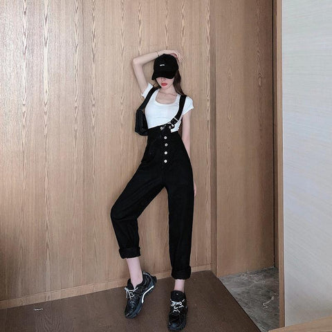 High Waist Denim Suspender Pants Loose Overalls Jumpsuits-WF00422-Veeddydropshipping