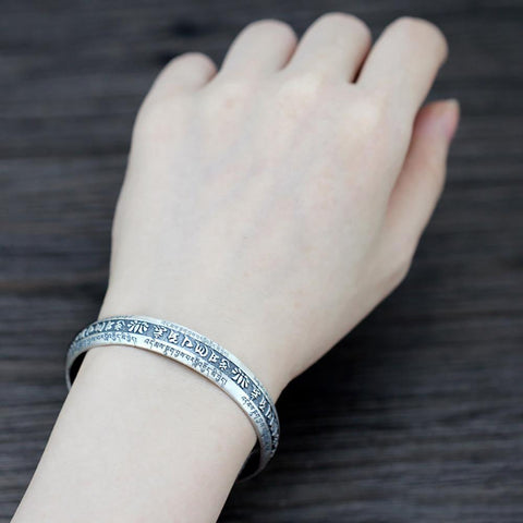 999 Pure Silver  Bangle Engraved Heart  Retro Lovers Men Bracelets-JW00127- Veeddydropshipping