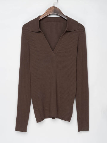 Cotton Knit Polo Sweater Women Long Sleeve V Neck-WF00100-Veeddydropshipping