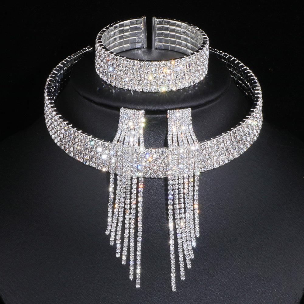Classic Elegant Tassel Crystal Bridal Jewelry Sets  -JW00340-Veeddydropshipping