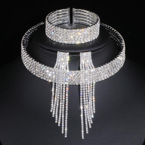 Classic Elegant Tassel Crystal Bridal Jewelry Sets  -JW00340-Veeddydropshipping