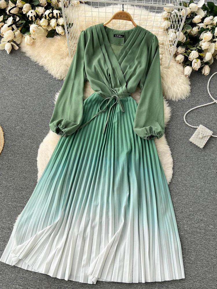 Gradient Pleated Dress for Women V Neck Long Sleeve-Veeddydropshipping