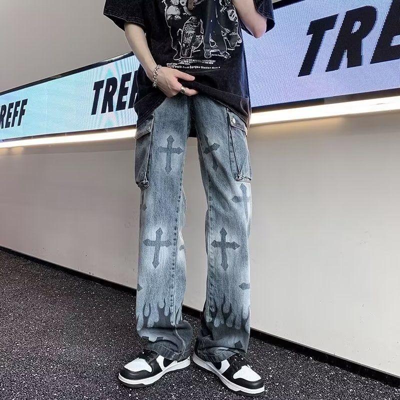 cross print washed jeans men ins trend retro loose-MF00575-Veeddydropshipping