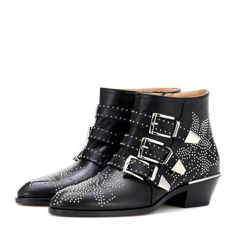 Round Toe Rivet Flower Short Boots Cowhide Thick Heel Low New-BS00985-Veeddydropshipping
