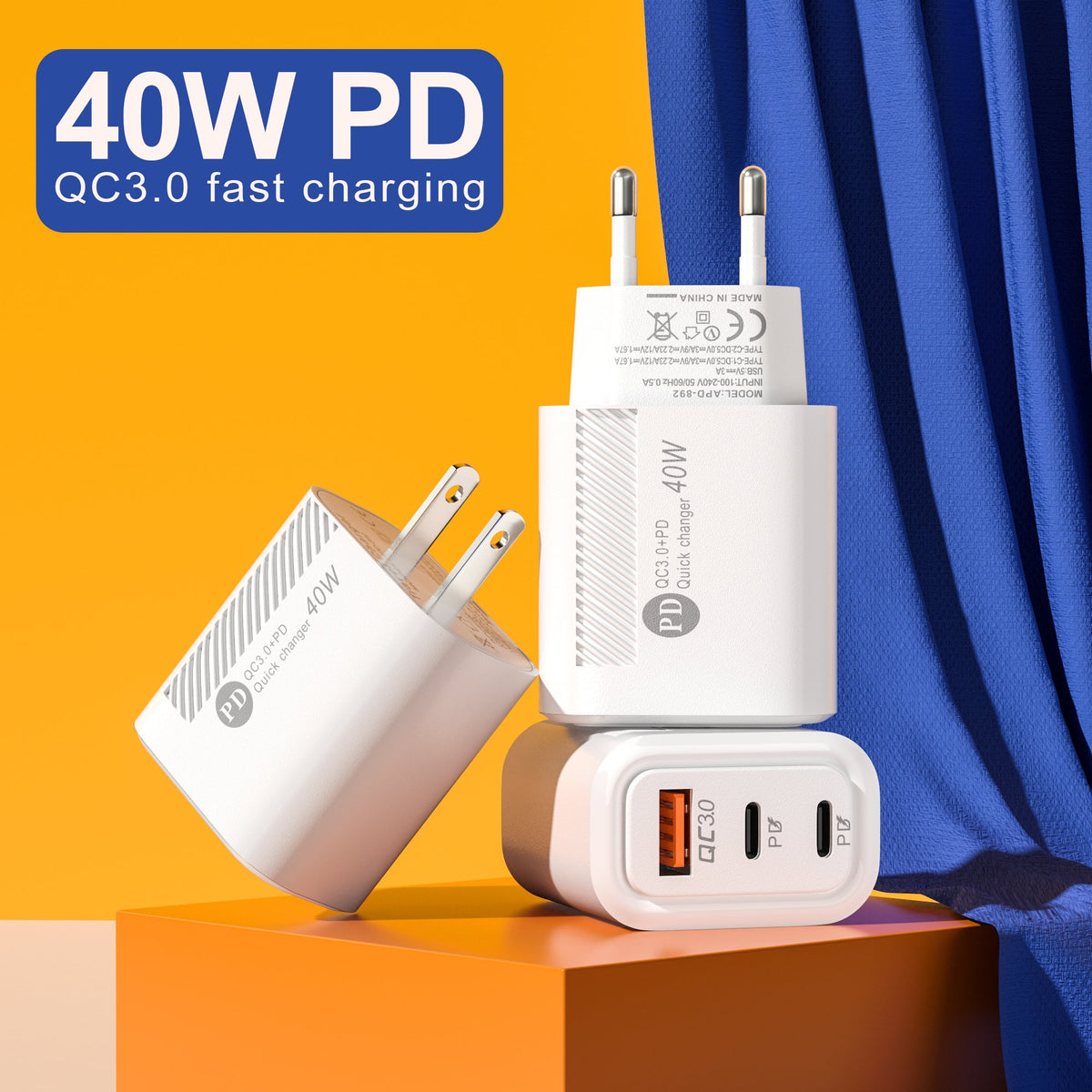 40W PD Fast Charge USB Type-C QC3.0 Phone Charger Adapter 3 Port-PA00384-Veeddydropshipping