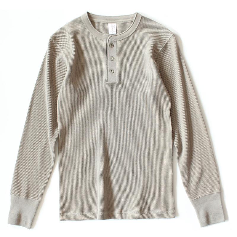 Thick American vintage khaki sweater shirt Waffle cotton Henry collar long sleeve-Veeddydropshipping