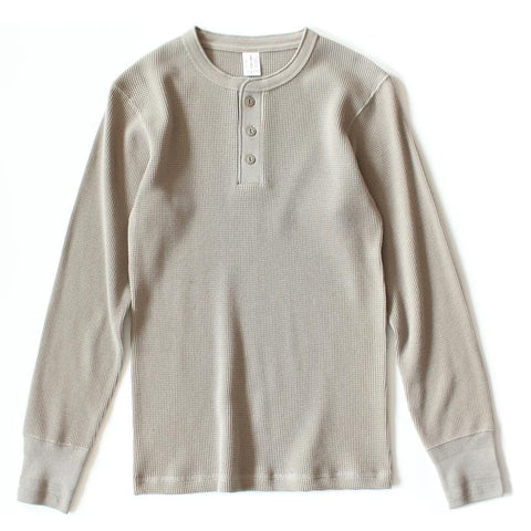 Thick American vintage khaki sweater shirt Waffle cotton Henry collar long sleeve-Veeddydropshipping