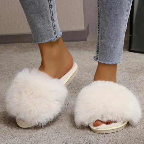 Winter Simple Word Fur Flats Soft Home Women Slippers Faux Fur-BS01121-Veeddydropshipping